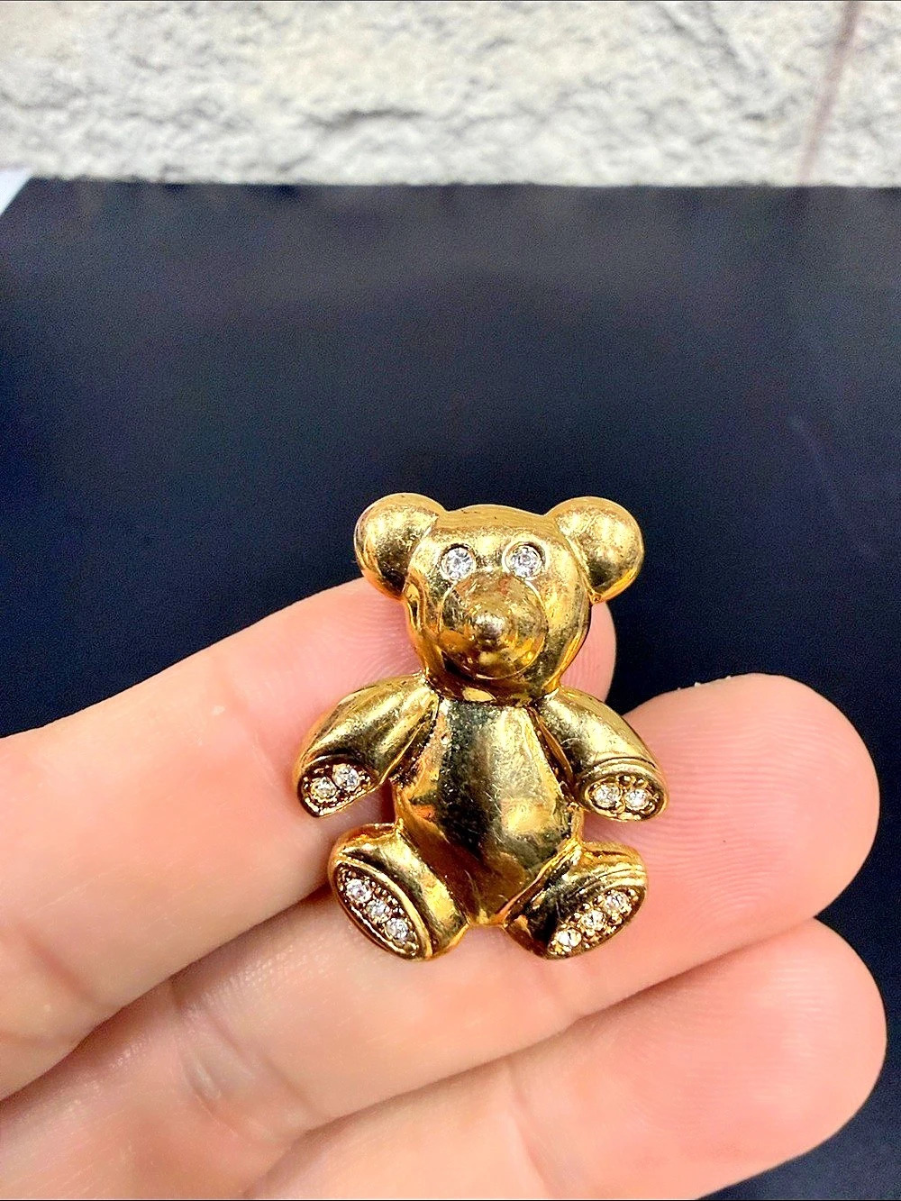 Vintage Gold Tone Teddy Bear Brooch Clear Rhinestone Eyes & Paws Figural Pin